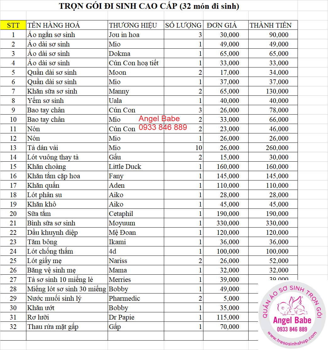 trọn gói đi sinh cao cấp 32 món