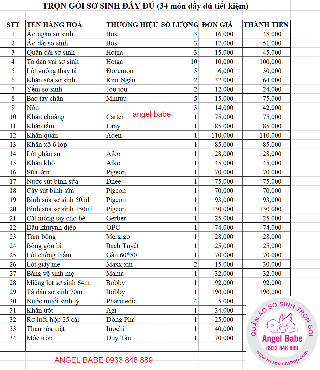 trọn gói sơ sinh đầy đủ 34 món tiết kiệm